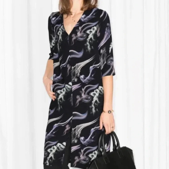 & OTHER STORIES Fumé Print Dress Elbow Length Sleeve V-Neck Black Size 4 - Picture 1 of 16